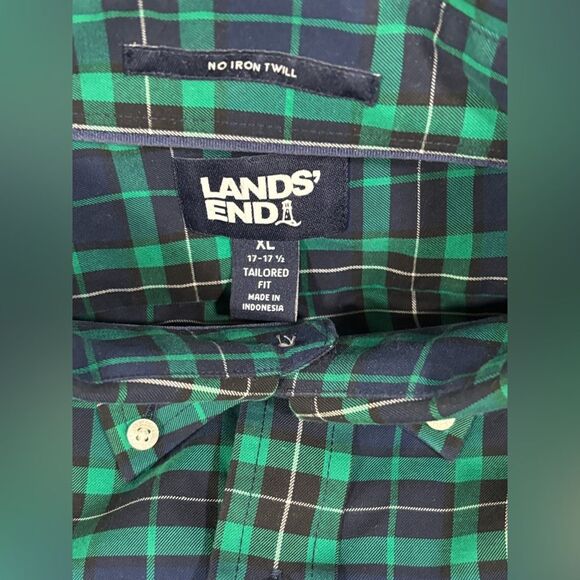 Lands' End Green Blue Tartan Plaid No Iron Twill Classic Button Down Shirt XL - Picture 5 of 9